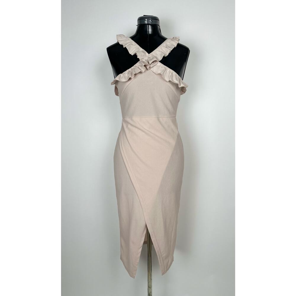 BooHoo Frill Edge Wrap Midi Dress in Stone NWT Sz 6